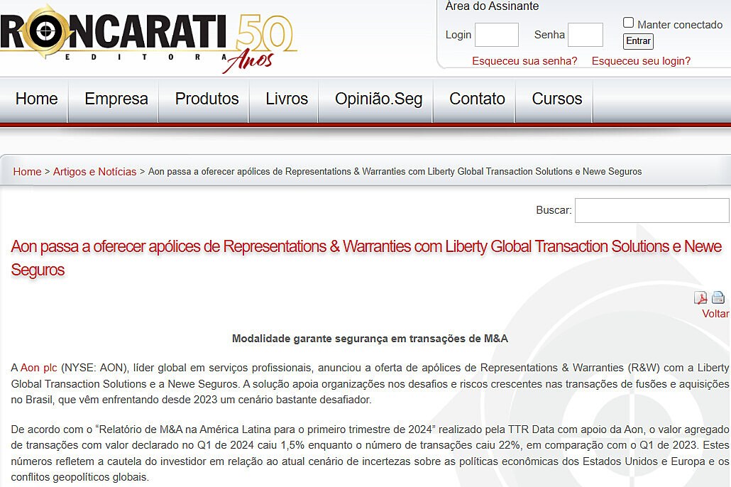 Aon passa a oferecer aplices de Representations & Warranties com Liberty Global Transaction Solutions e Newe Seguros